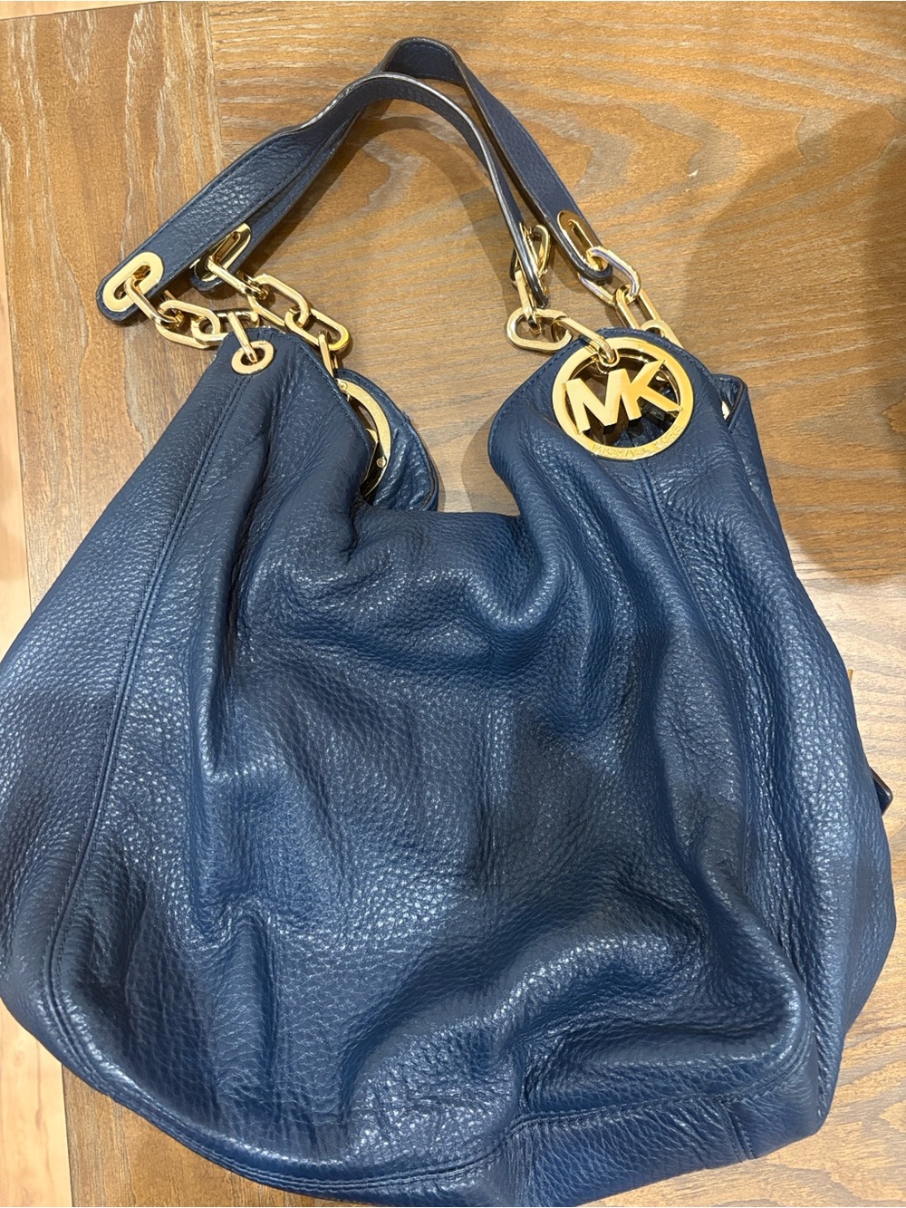 Michael Kors Navy Leather Hobo with Gold MK Charm